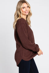 Brown Waffle Knit Round Hem Sweater