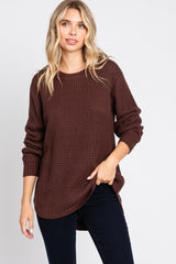 Brown Waffle Knit Round Hem Sweater