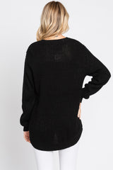 Black Waffle Knit Round Hem Sweater