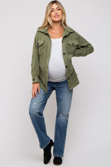 Olive Fleece Double Front Pocket Maternity Jacket