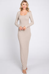 Taupe Ribbed Long Sleeve Square Neck Maternity Maxi Dress