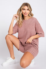 Mauve Ribbed Soft Short Sleeve Shorts Set