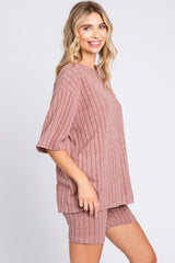 Mauve Ribbed Soft Short Sleeve Shorts Set