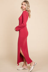 Red Ribbed Side Slit Maxi Dress