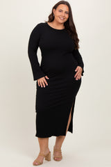 Black Ribbed Side Slit Maternity Plus Maxi Dress