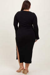 Black Ribbed Side Slit Plus Maxi Dress