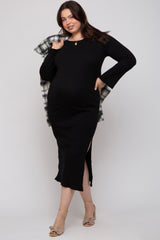 Black Ribbed Side Slit Maternity Plus Maxi Dress