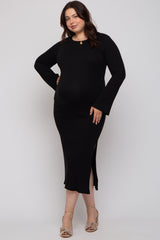 woman wearing a black ribbed long sleeve maternity dress with side slits and a visible baby bump