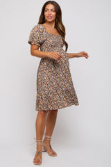 Mocha Floral Smocked Square Neck Short Sleeve Maternity Dress