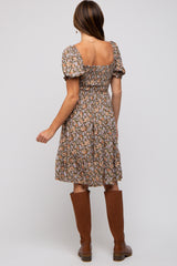 Mocha Floral Smocked Square Neck Short Sleeve Dress