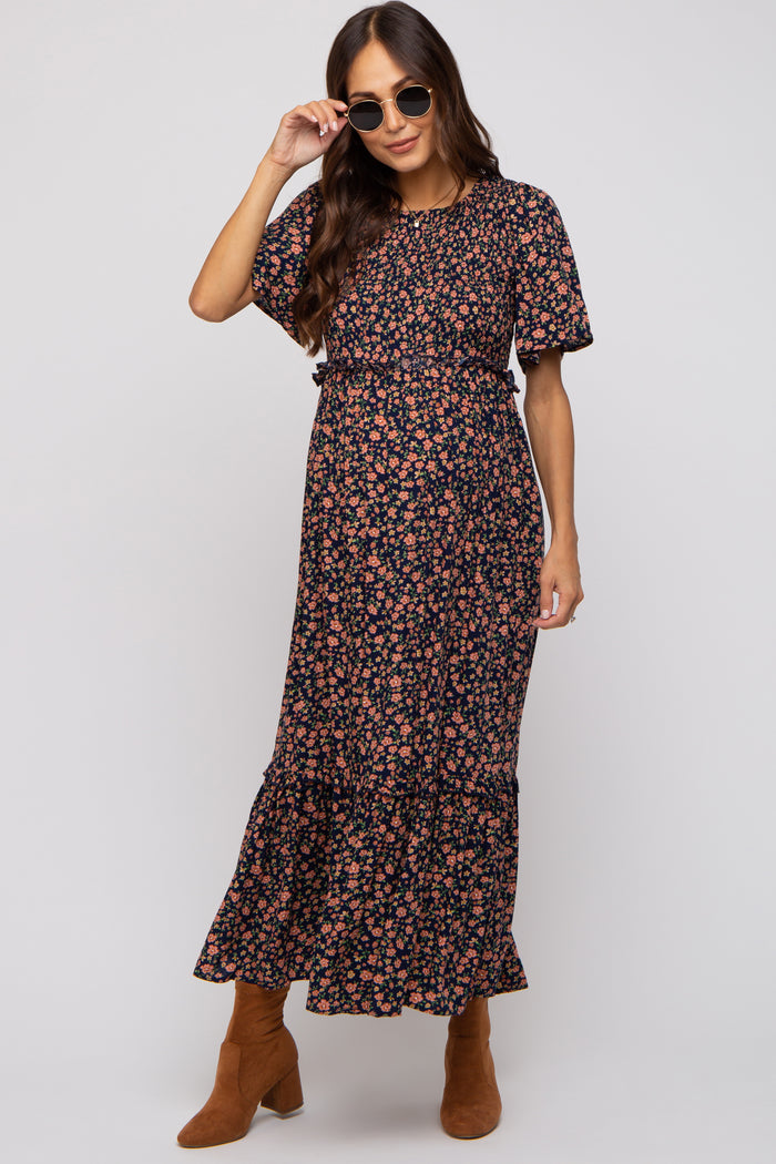 Navy Blue Floral Smocked Flutter Short Sleeve Maternity Midi Dress