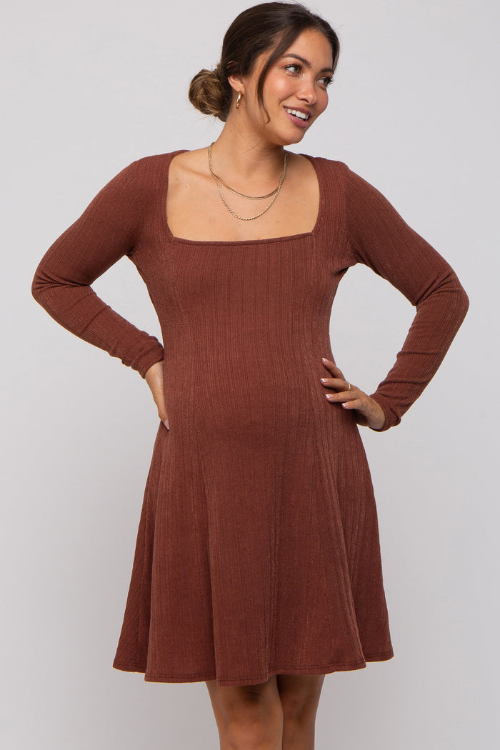 Brown Square Neck Long Sleeve Maternity Dress