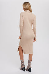 Beige Long Sleeve Turtleneck Sweater Dress