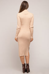 Beige Long Sleeve Turtleneck Maternity Sweater Dress