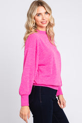 Fuchsia Balloon Sleeve Ribbed Hem Sweater