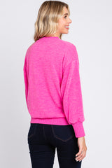 Fuchsia Balloon Sleeve Ribbed Hem Sweater