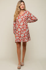 Rust Floral V-Neck Long Sleeve Maternity Dress