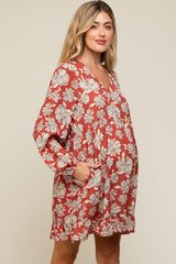 Rust Floral V-Neck Long Sleeve Maternity Dress