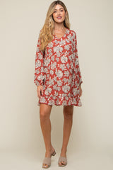 Rust Floral V-Neck Long Sleeve Maternity Dress