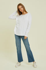 White Long Sleeve Curved Hem Top