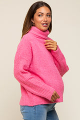 Pink Ribbed Boucle Knit Turtleneck Maternity Sweater