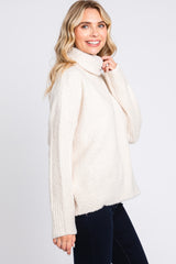 Cream Ribbed Boucle Knit Turtleneck Sweater