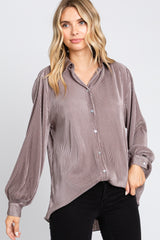 Taupe Plisse Button Up Long Sleeve Maternity Top