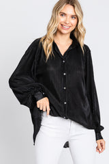 Black Plisse Button Up Long Sleeve Maternity Top