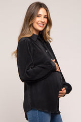 Black Plisse Button Up Long Sleeve Maternity Top