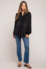 Black Plisse Button Up Long Sleeve Maternity Top