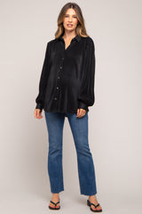 Black Plisse Button Up Long Sleeve Maternity Top