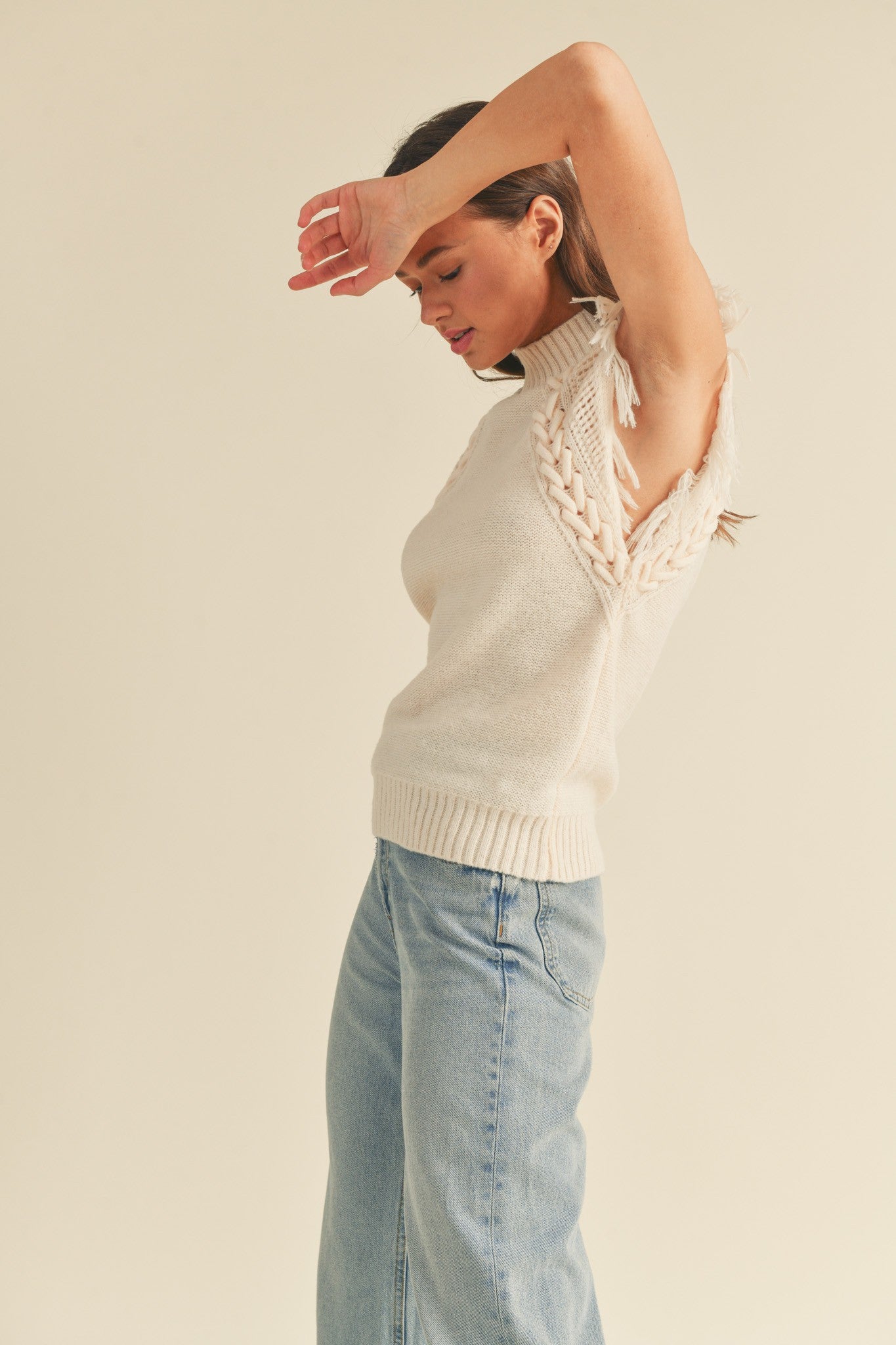 Ivory Cable Knit Sweater Vest With Fringe