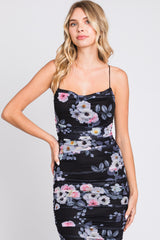 Black Floral Mesh Ruched Criss Cross Back Midi Dress