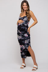 Black Floral Mesh Ruched Criss Cross Back Maternity Midi Dress