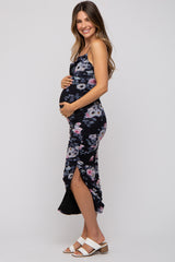 Black Floral Mesh Ruched Criss Cross Back Maternity Midi Dress