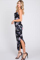 Black Floral Mesh Ruched Criss Cross Back Midi Dress