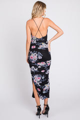 Black Floral Mesh Ruched Criss Cross Back Midi Dress