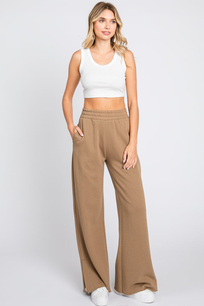 Brown Soft Wide Leg Side Slit Maternity Sweatpants