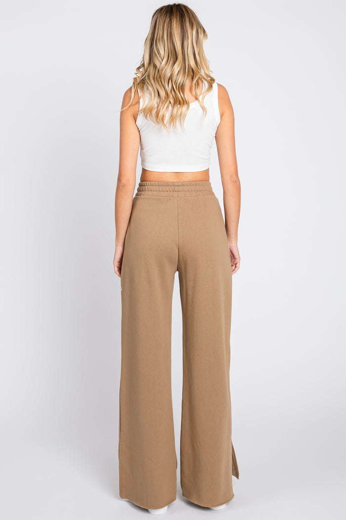 Brown Soft Wide Leg Side Slit Sweatpants