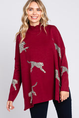 Burgundy Animal Print Side Slit Sweater