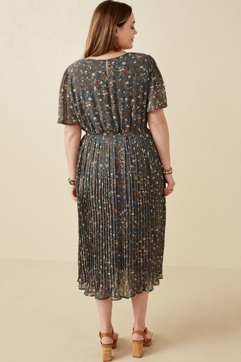 Forest Green Floral Pleated Chiffon Plus Midi Dress