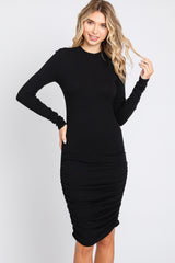 Black Ribbed Mock Neck Ruched Long Sleeve Dress