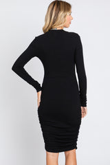 Black Ribbed Mock Neck Ruched Long Sleeve Dress