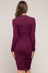 Plum Ribbed Mock Neck Ruched Long Sleeve Maternity Dress