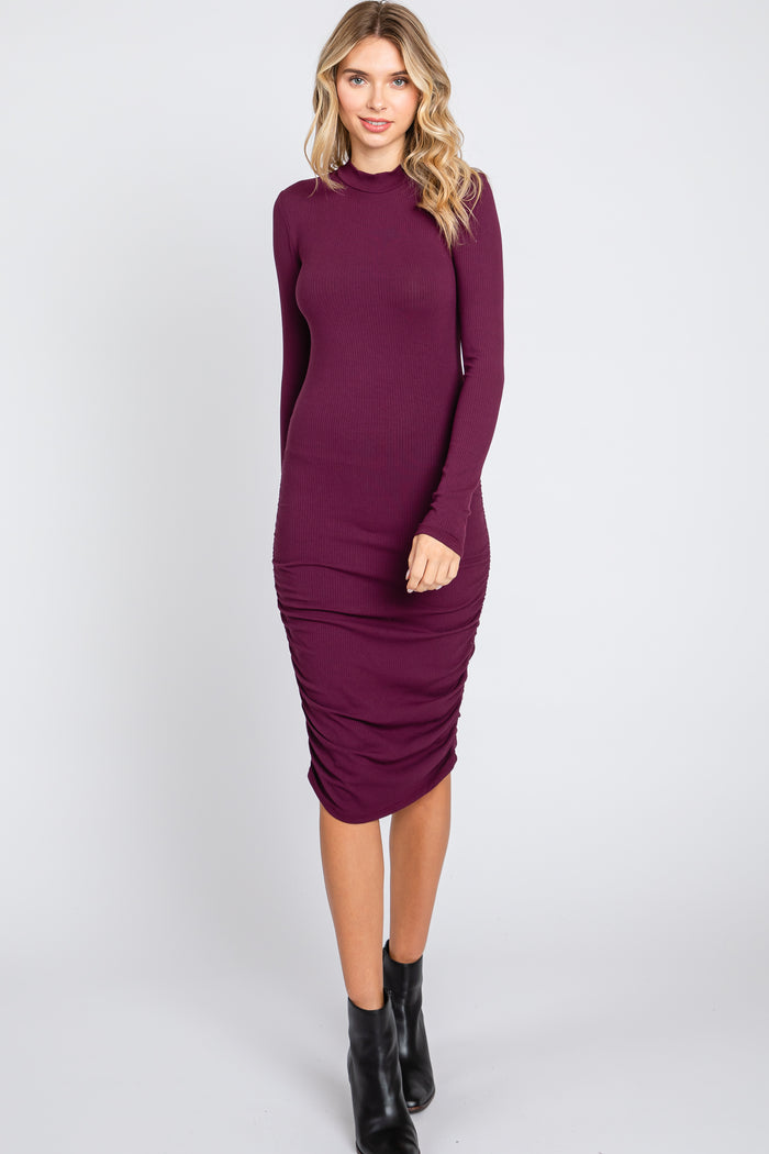 Plum Ribbed Mock Neck Ruched Long Sleeve Maternity Dress