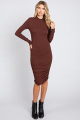 Brown Ribbed Mock Neck Ruched Long Sleeve Maternity Dress