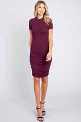 Plum Ribbed Ruched Short Sleeve Maternity Dress