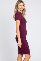 Plum Ribbed Ruched Short Sleeve Dress