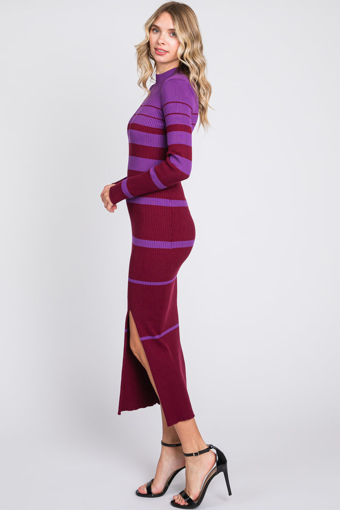 Plum Striped Mock Neck Sweater Dress