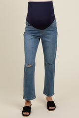 Blue Distressed Knee Straight Leg Maternity Jeans